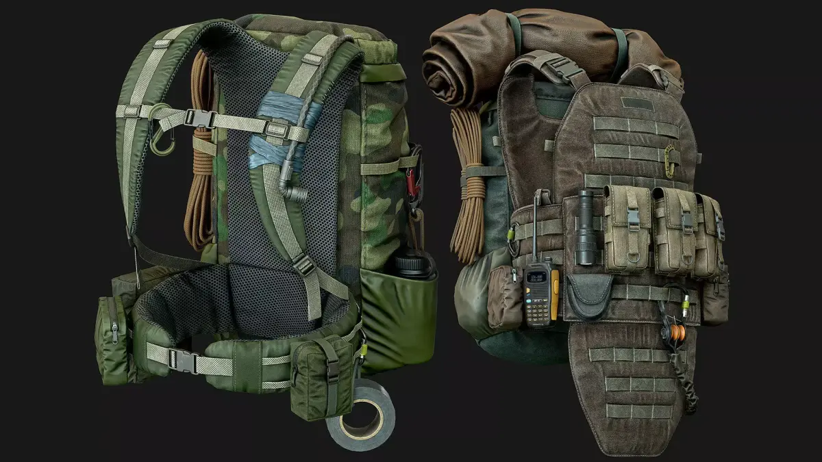 Vest backpacks Bags Pouches and Survival Kits Low-poly 3D model