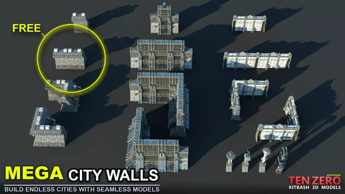 FREE MEGA CITY WALLS SCI-FI KITBASH 3D model Free 3D model