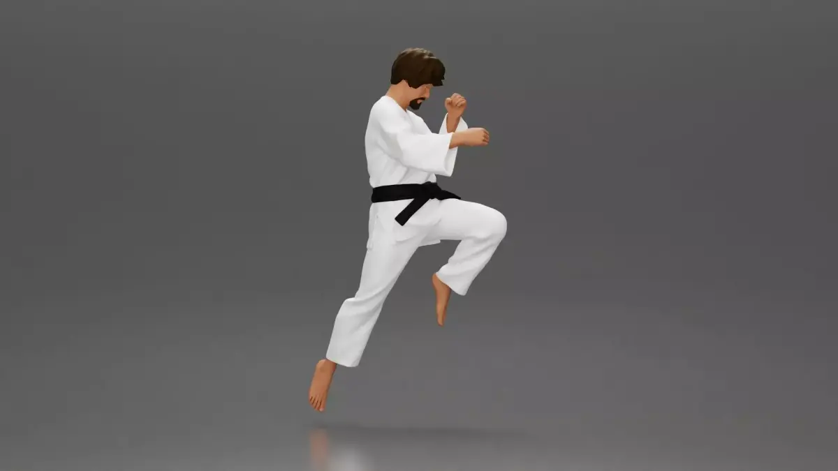 Karate Practitioner in Gi Performing a Jumping Martial Arts Move 3D print model