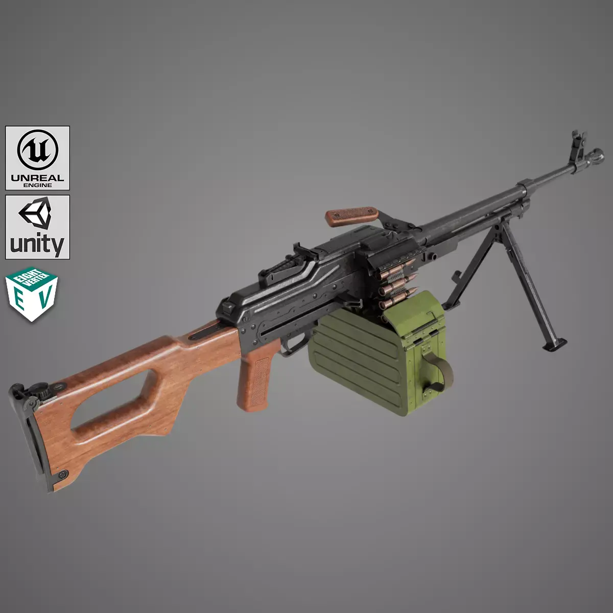 Machine Gun 11 Wood handle All PBR Unity UE Textures Low-poly 3D model