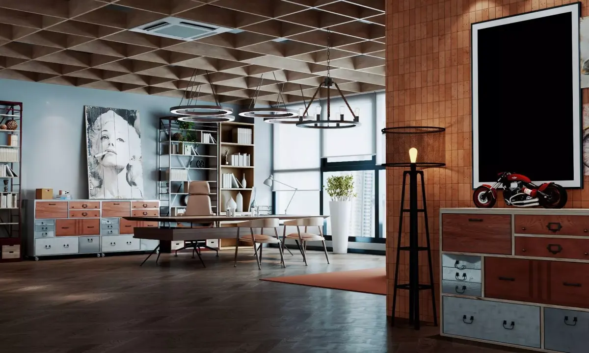 Interior of a modern industrial   style office Low-poly 3D model