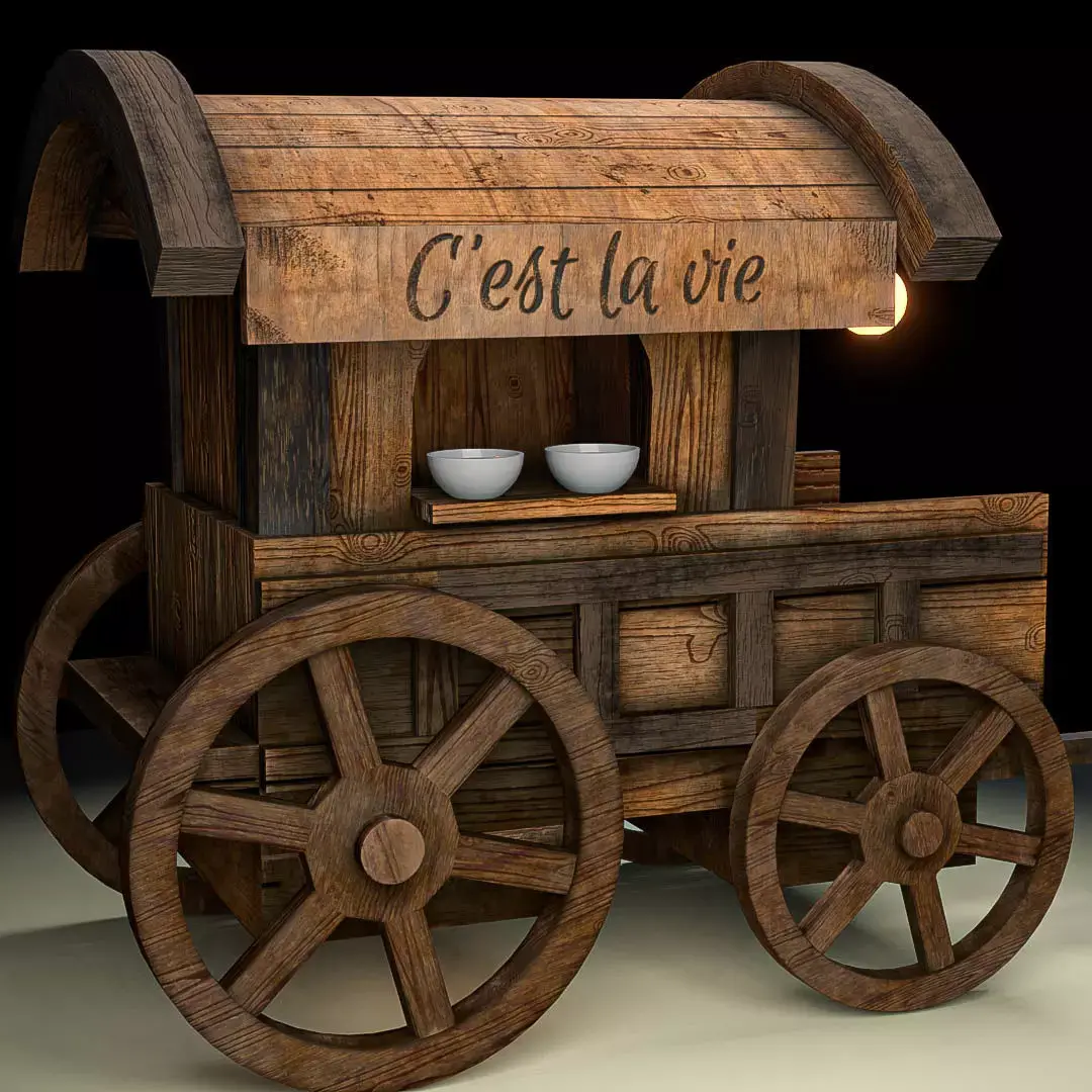 Carriage wooden cart with lights Low-poly 3D model