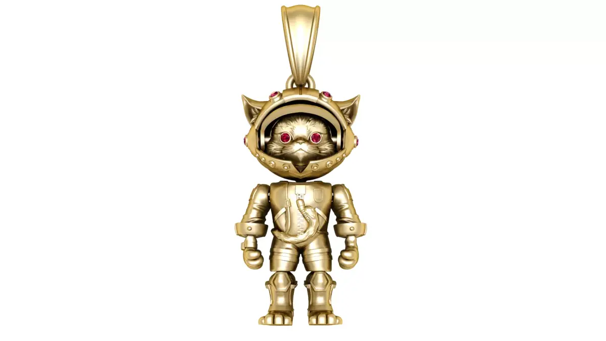 Golden Astronaut Cat Pendant with Red Gemstone Eyes 3D print model