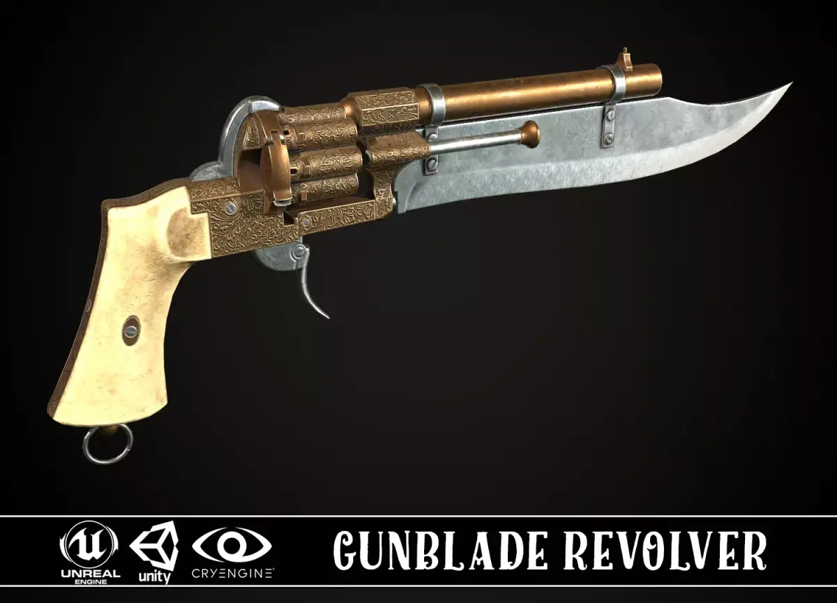 Gunblade Revolver Gilded Low-poly 3D model