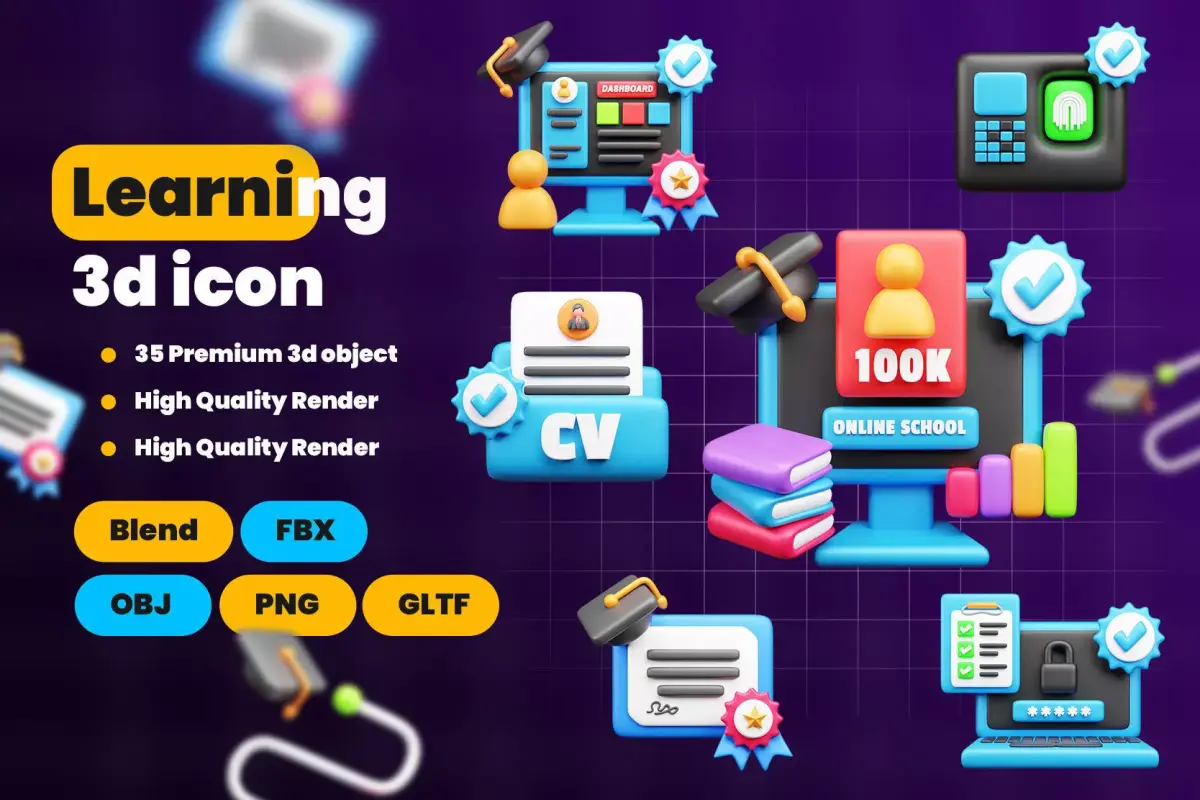 3D Education and E-Learning Icon Set 3D model