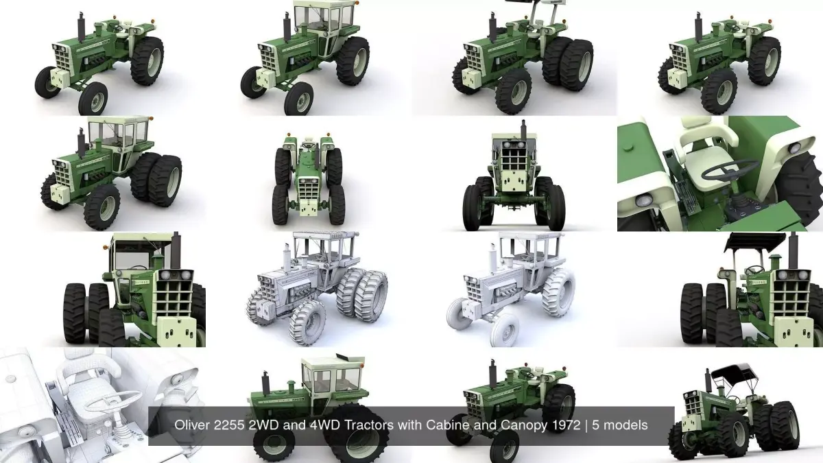 Oliver 2255 2WD and 4WD Tractors with Cabine and Canopy 1972 3D Model Pack