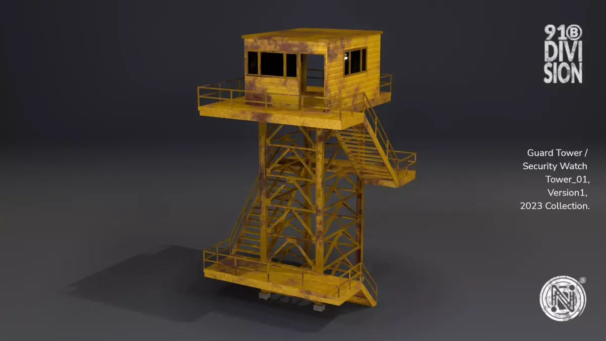 PBR Low Poly Guard Tower Security Watch Tower Yellow Rusted Low-poly 3D model