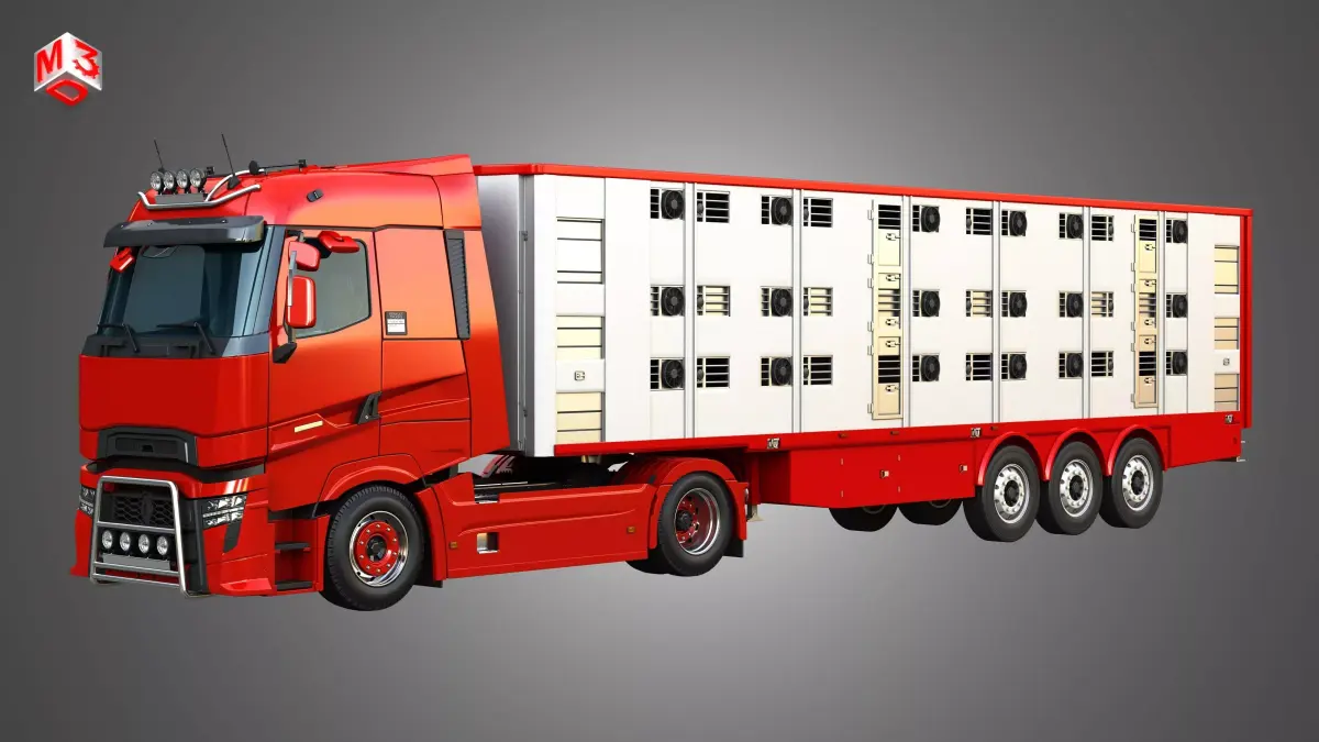 Renault T520 Truck - single axle with Animal Transport Trailer 3D Model Pack