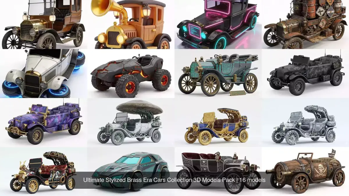 Ultimate Stylized Brass Era Cars Collection 3D Models Pack
