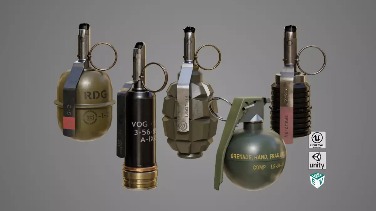 5 Fragmentation Grenades Single Mat PBR Low-poly 3D model