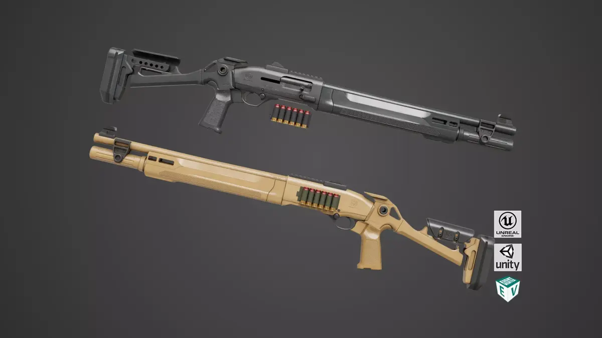 Long Shotgun 04 Black and Sandal Single Mat All PBR Unity UE  Low-poly 3D model