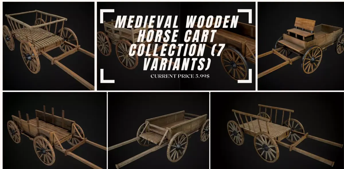 Medieval Wooden Horse Cart Collection Pack Of 7  Low-poly 3D model