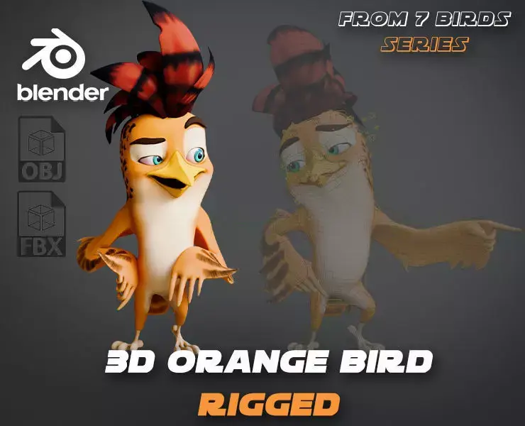 3D Orange - Rigged Cartoon Bird Low-poly 3D model
