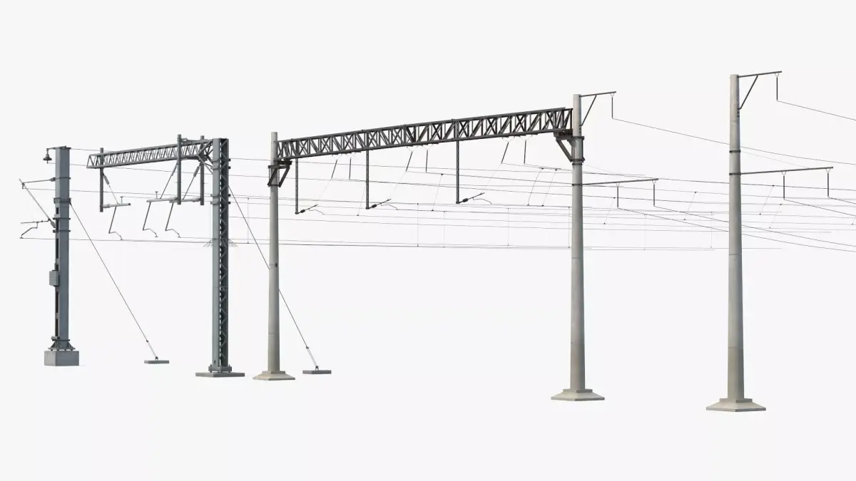 Railway Catenary Support Poles with Wires Set MidPoly 3D model