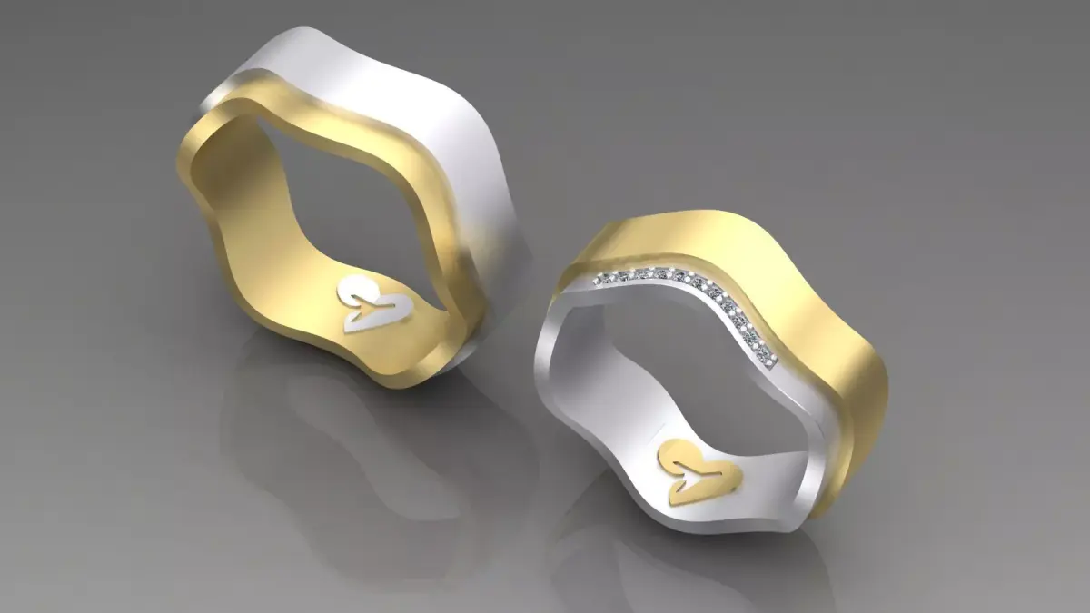 Couple wedding rings with diamonds and planes inside 3D print model