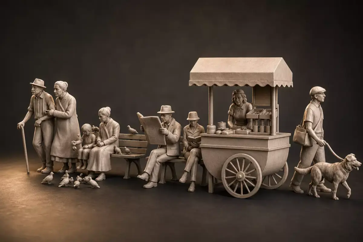  Street Scene  People Bench Vendor Cart for 3D Printing Diorama 3D print model