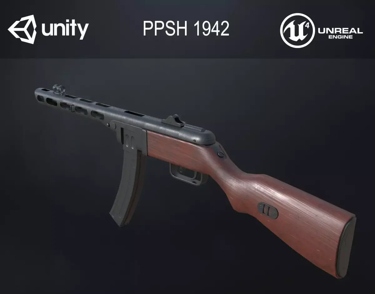 PPSh-41 Soviet submachine gun 1942 Low-poly 3D model