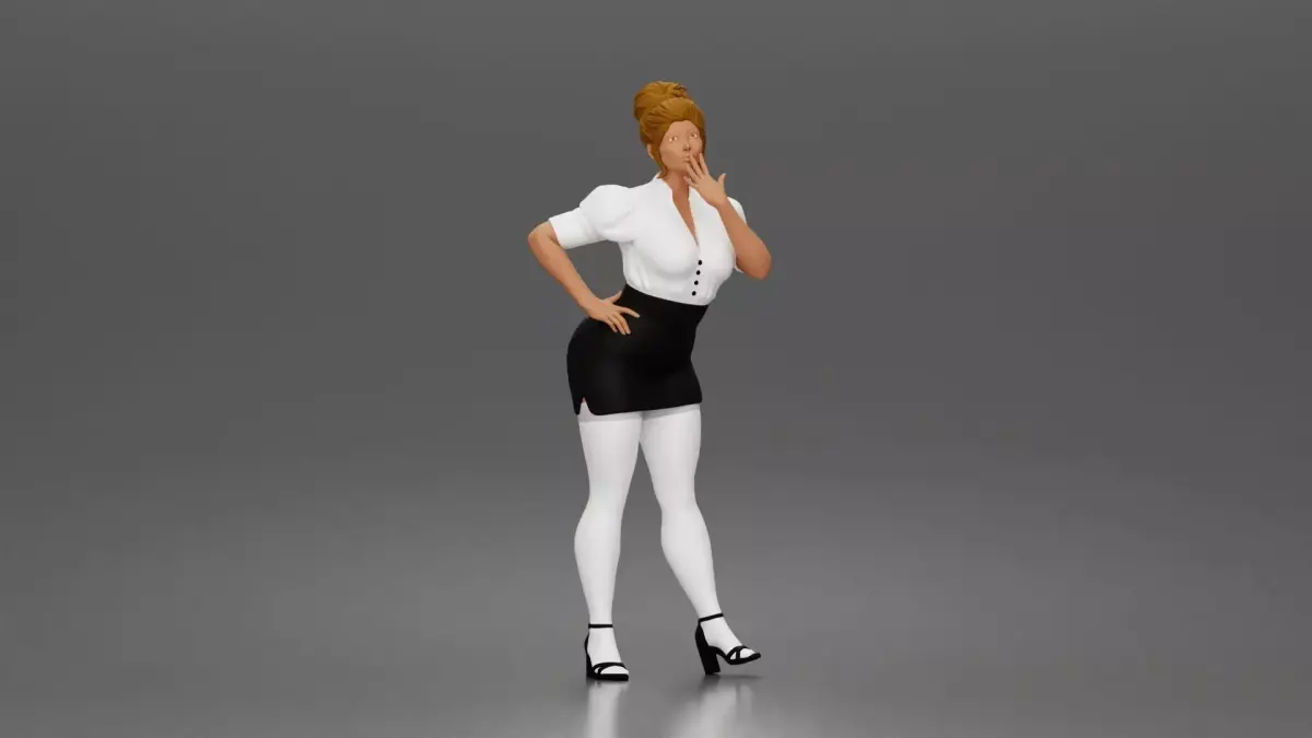 Secretary blows kiss wearing buttoned blouse skirt heels 3D print model