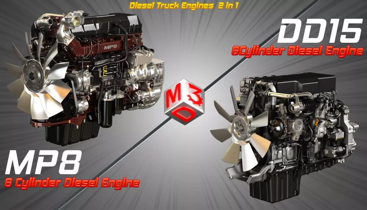 MP8 - DD15 Engines - 6Cylinder Truck Diesel Engines  2 in 1 3D Model Pack