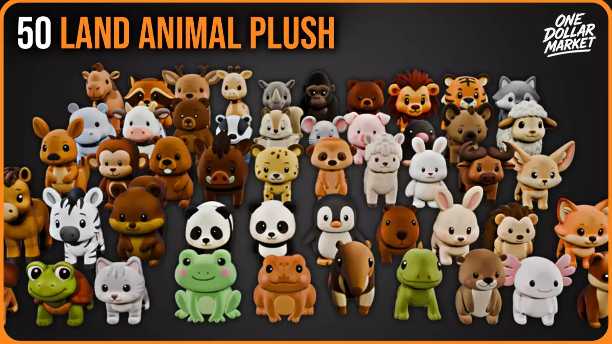 50 Land Animal Plush Collection Low-poly 3D model
