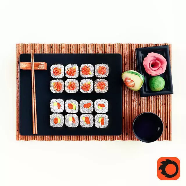 Sushi japanese on mat with chopsticks 3D model