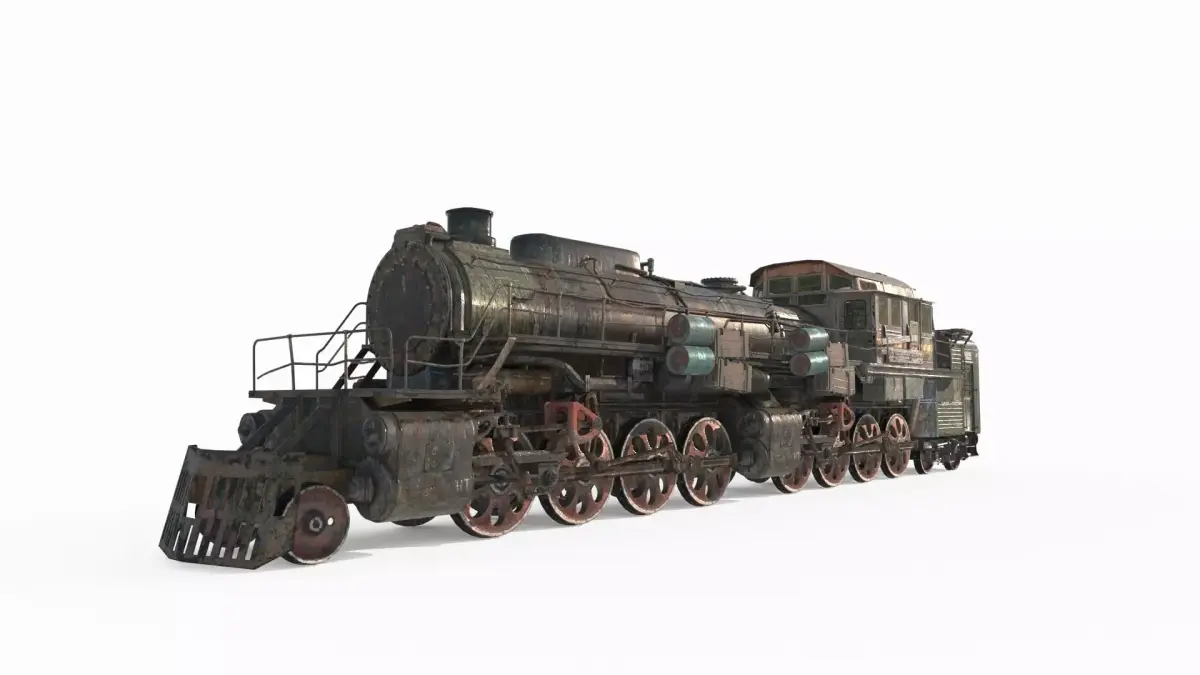 Railway vehicle old-style war damaged locomotive 3D model