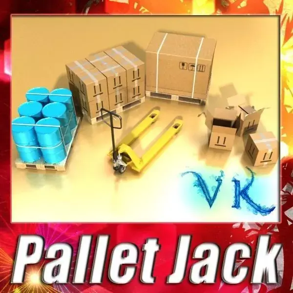Pallet Jack with Cartons and Metal Drums 3D model