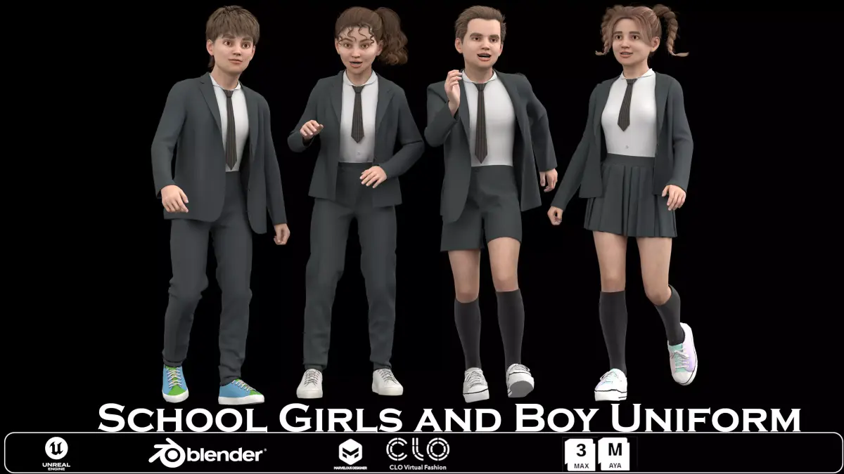 School Girls and Boy Uniform Low-poly 3D model