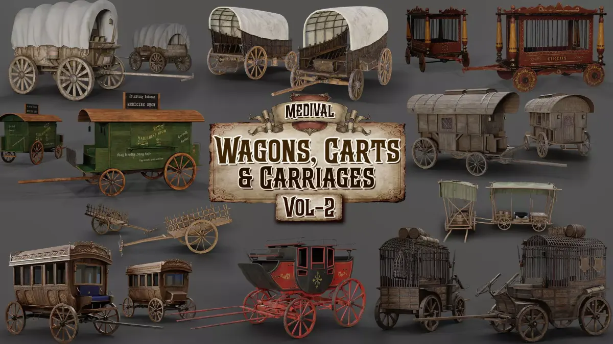 Medieval Wagons Carts Carriages Vol-2 - Horse Ox Drawn Transport Low-poly 3D model