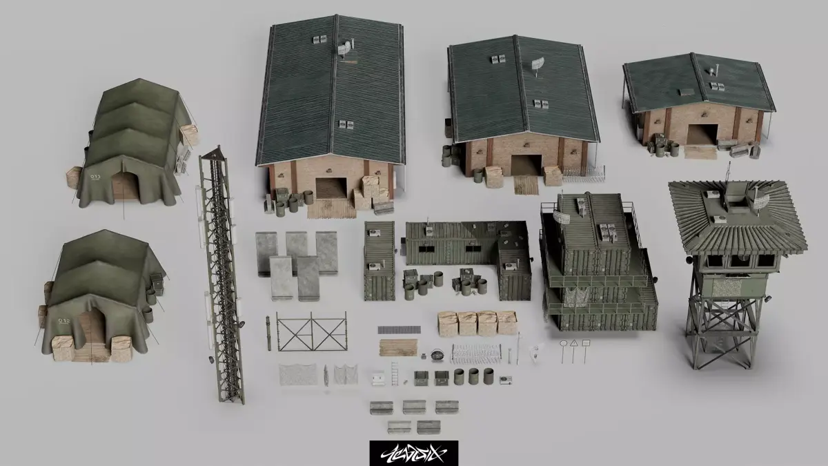 Military Base Kitbash set with over 50 Buildings and Assets 3D model
