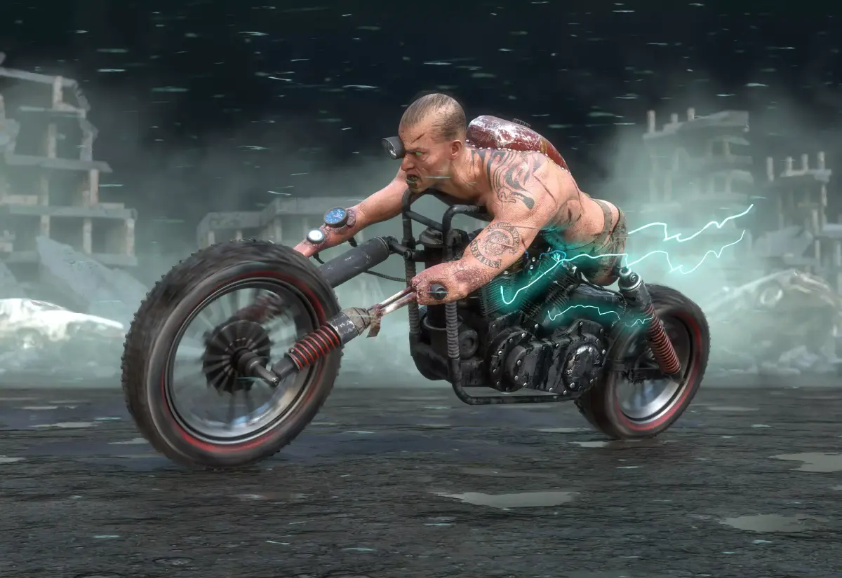 DieselPunk Rider Biker chopper Low-poly 3D model