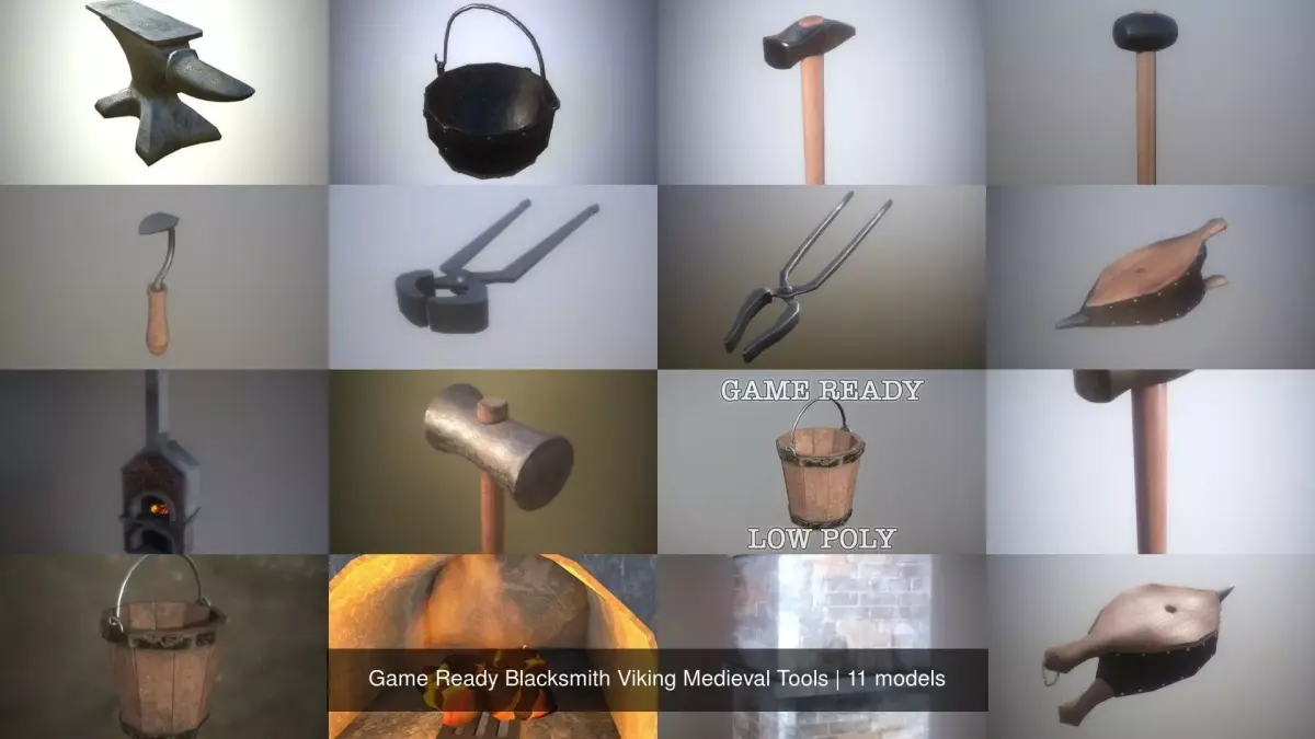 Game Ready Blacksmith Viking Medieval Tools 3D Model Pack