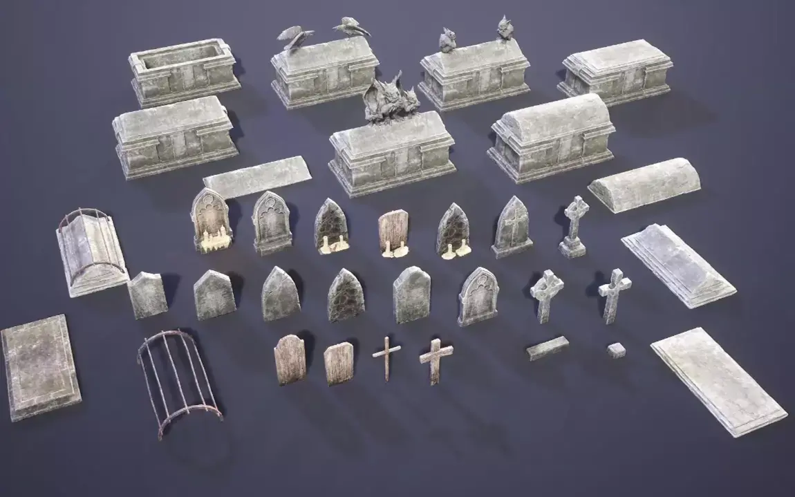 Medieval sarcophagi stone coffins tombstones crosses 3D model