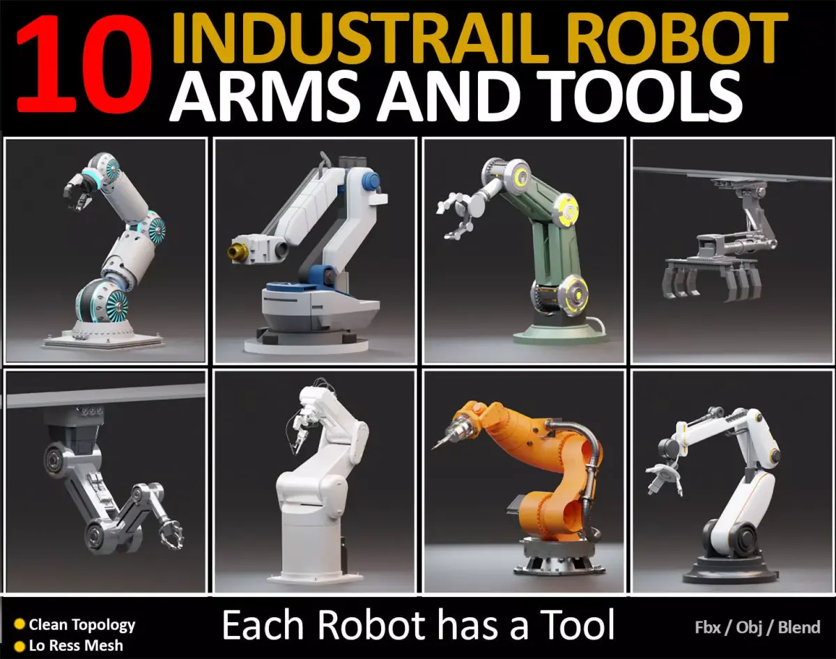10 Industrial Robot Arm and 5 tools 3D model Low-poly 3D model
