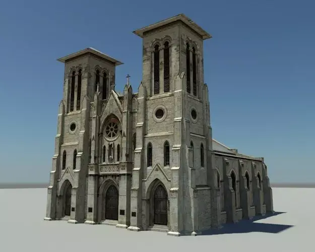 Cathedral church with two towers Low-poly 3D model