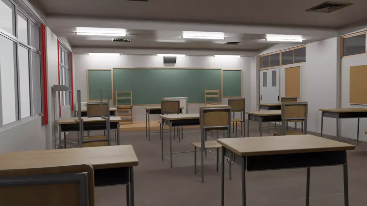 classroom with desks and chairs Low-poly 3D model