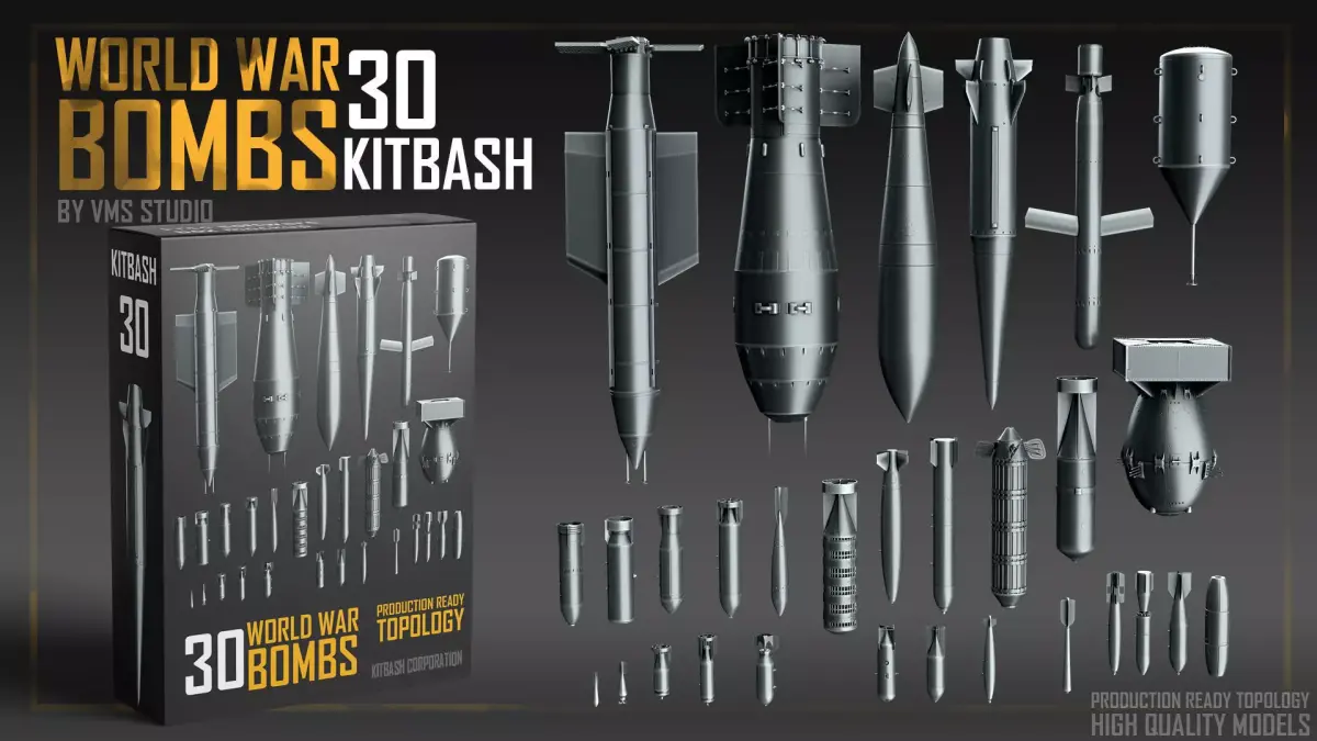 World War Bombs KITBASH bundle -30 Unique Rockets and Bombs Low-poly 3D model