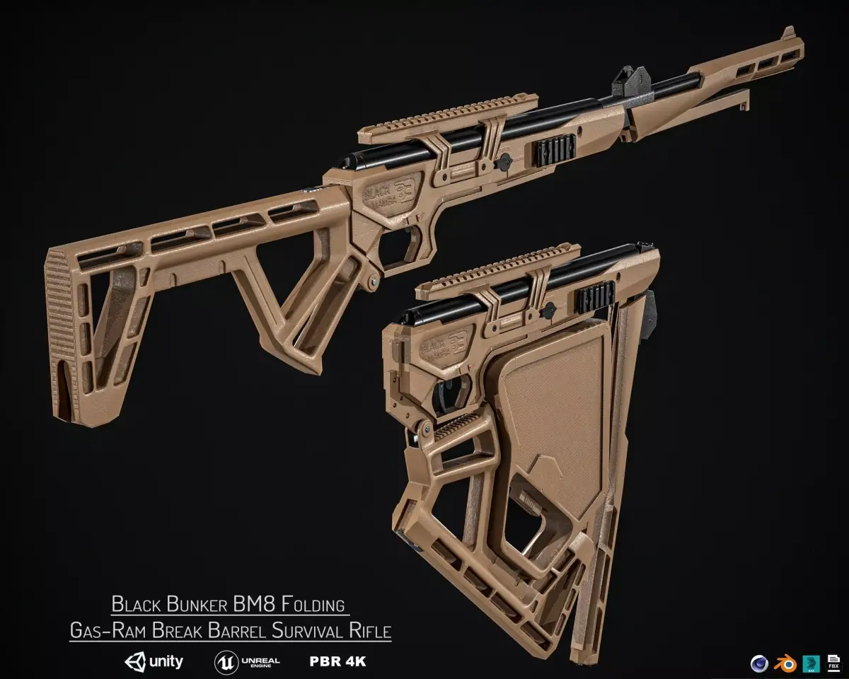Black Bunker BM8 Folding Gas-Ram Break Barrel Survival Rifle Low-poly 3D model