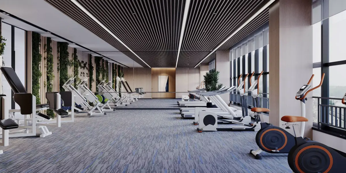 gymnasium gym with exercise machines and plants 3D model