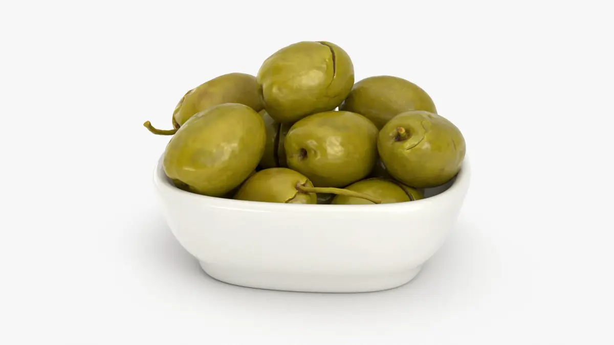 Ceramic Bowl of Cracked Green Olives 3D model