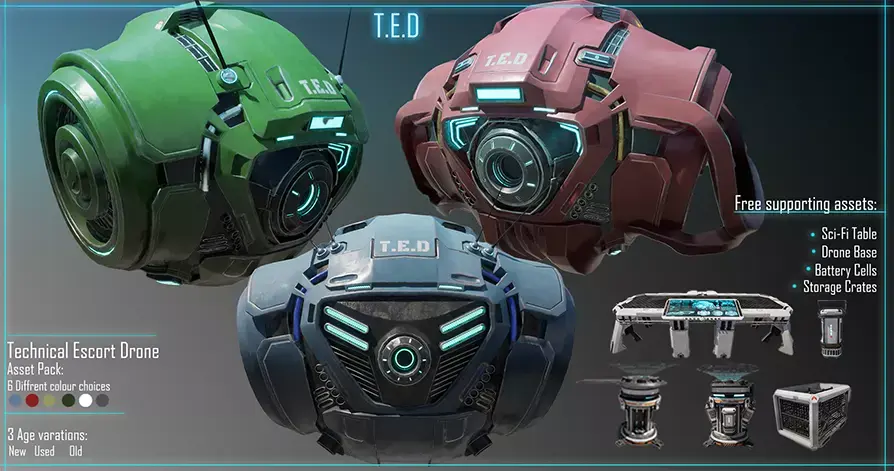 Technical Escort Drone All Tiers T-E-D Sci-Fi Asset Pack Low-poly 3D model