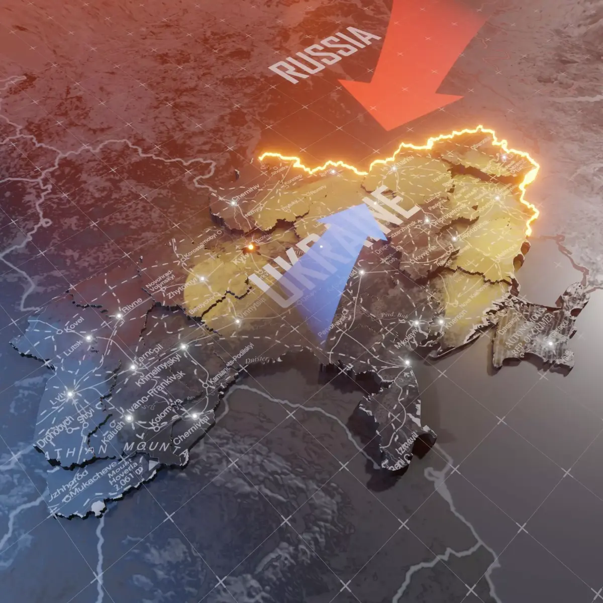 Ukraine detailed Map with Animated Low-poly 3D model