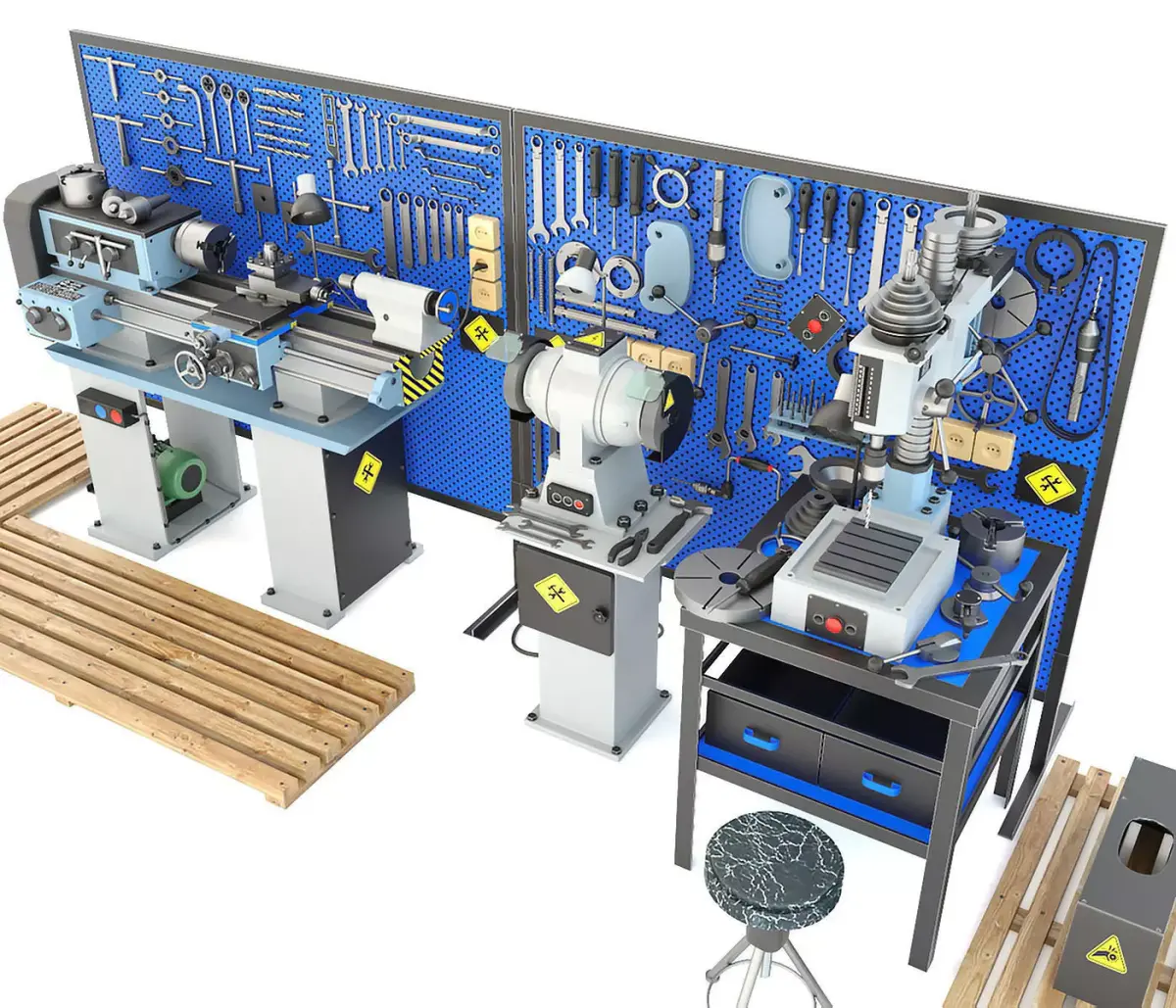 workbench garage tools and lathe grinder drilling machine 3D model