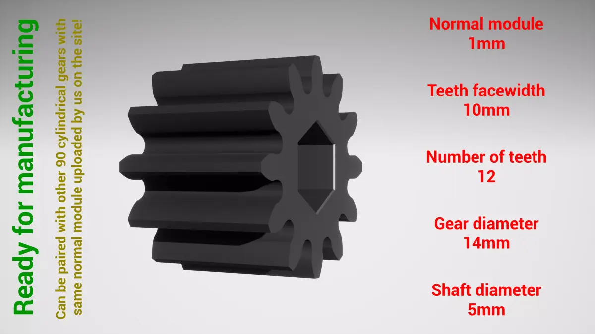 Cylindrical gear - paired - z12 m1 D14 d5 3D print model