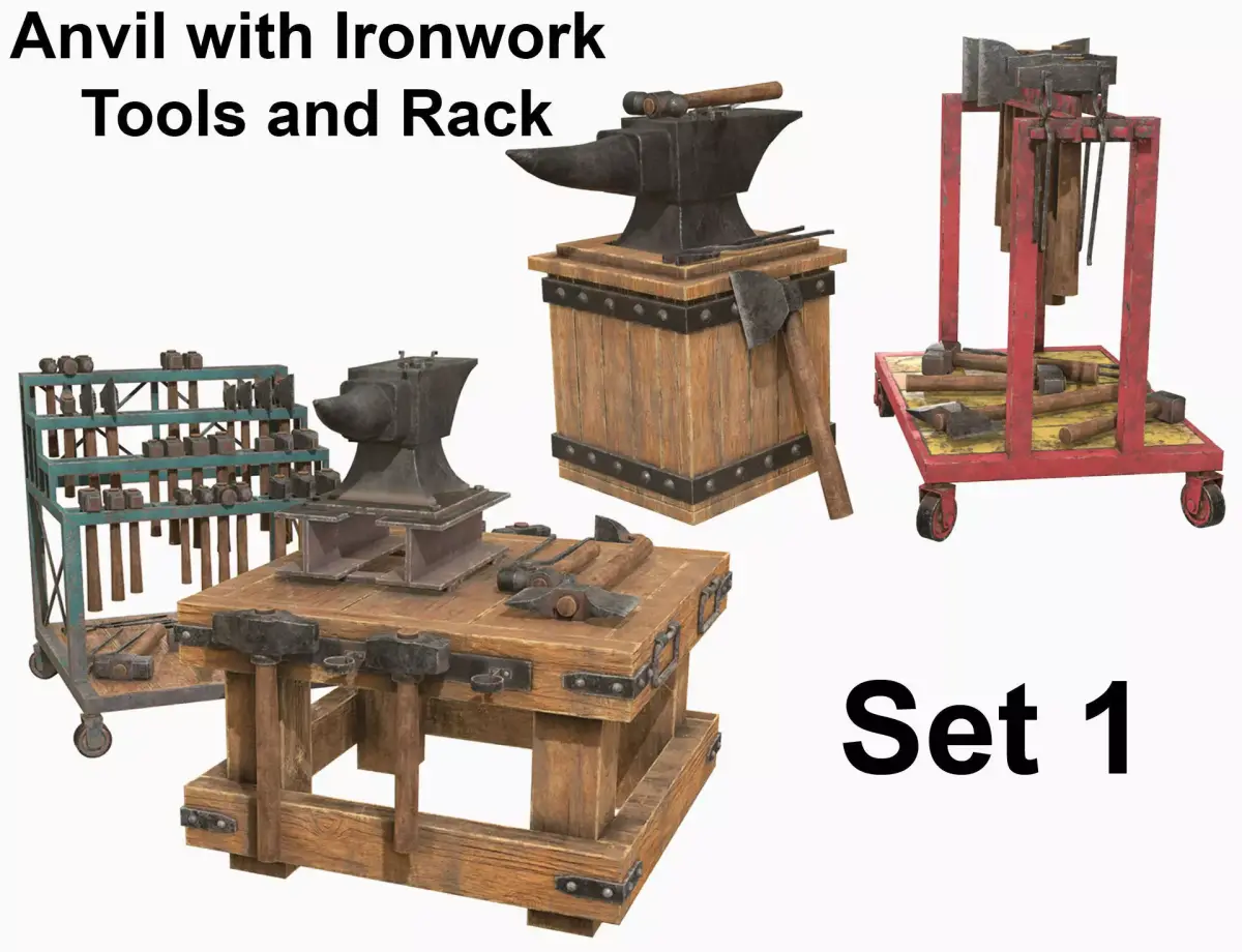 Anvil with Ironwork Tools and Rack Set 1 3D Model Pack
