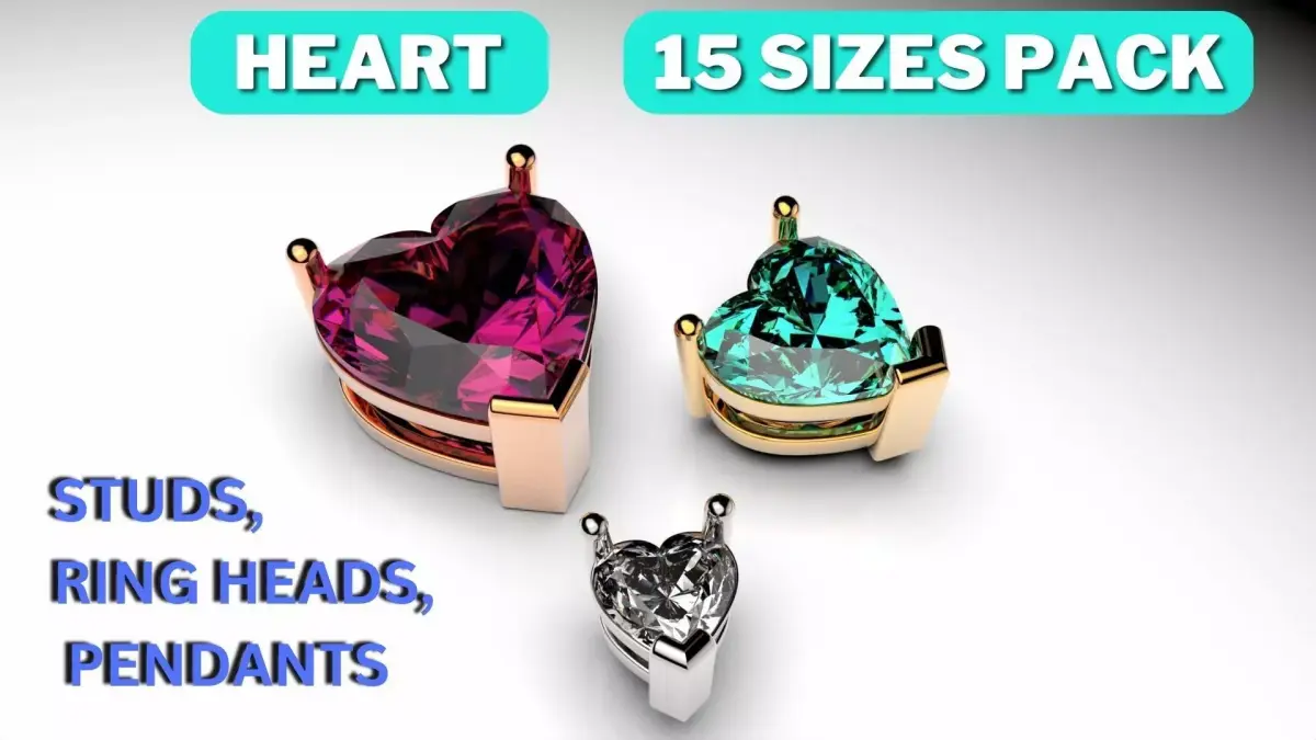 Heart shape 3 prong setting stud earrings or ring heads 3D print model
