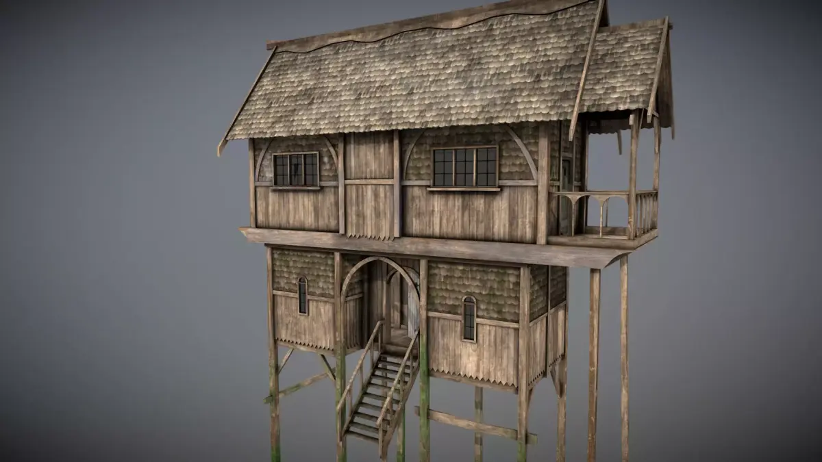 Medieval Lake Village - House 3 with interiors Low-poly 3D model