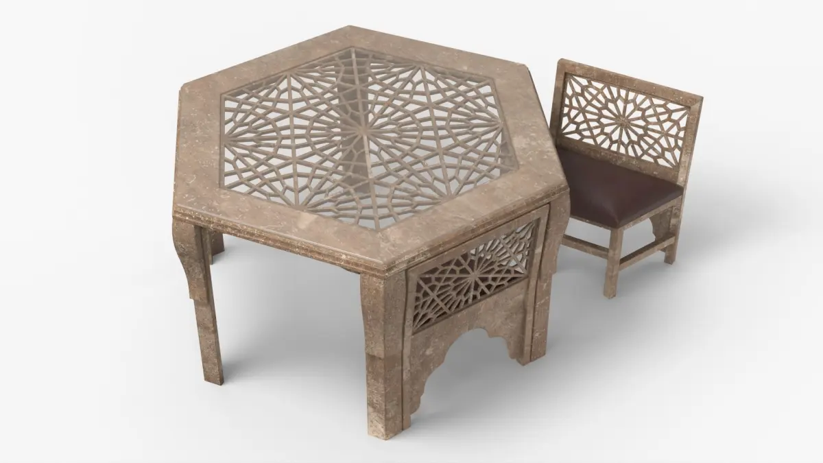 Old Moroccan Carved Wooden Table with Chair 3D model
