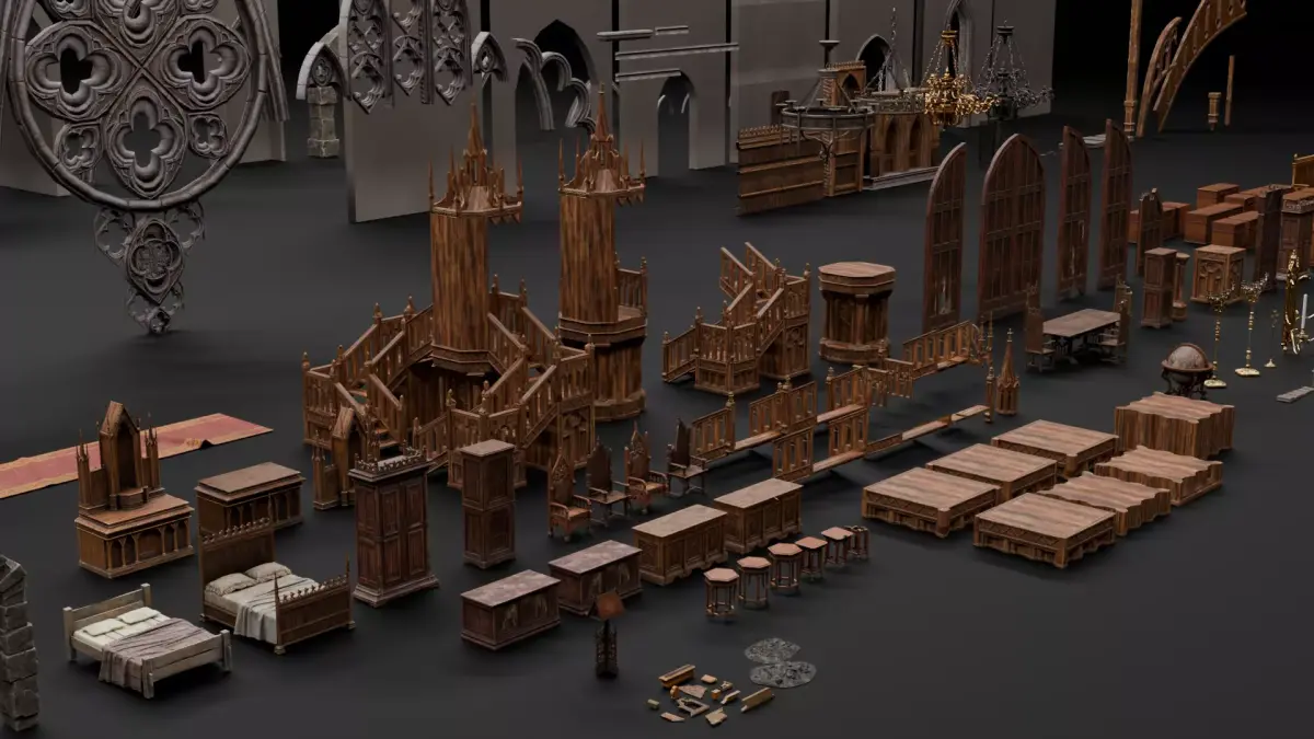 Gothic Interior Props Asset Low-poly 3D model