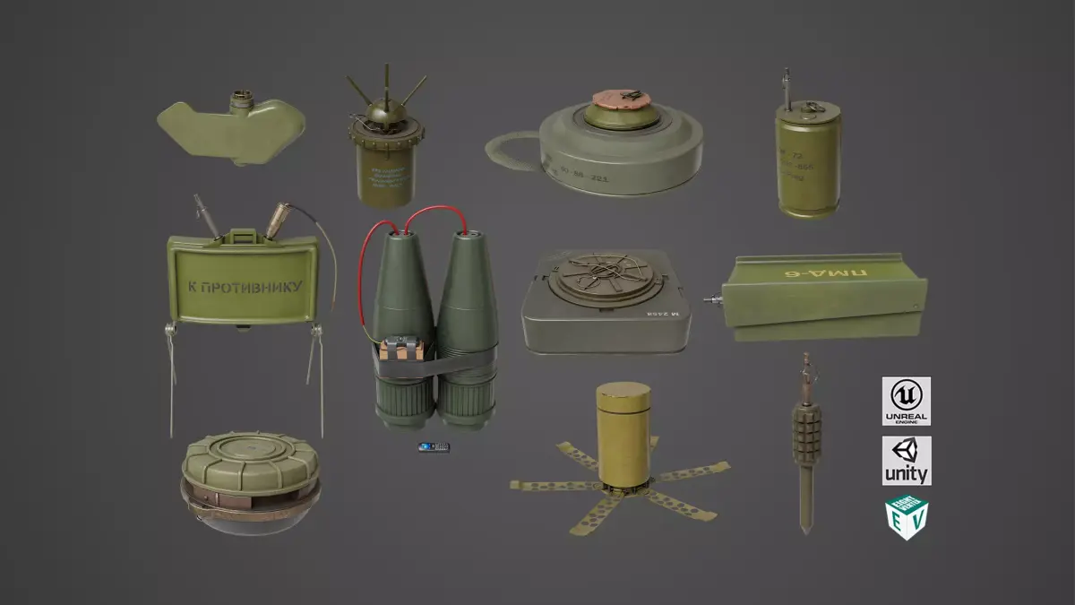 Mine Bomb Collection Single Mat All PBR Unity UE Textures Low-poly 3D model
